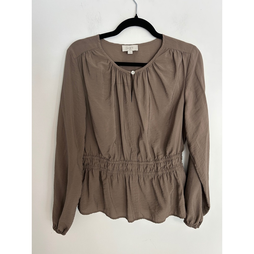 Loft Outlet Womens Smocked Waist Peplum Blouse Taupe Brown Long Sleeve Medium